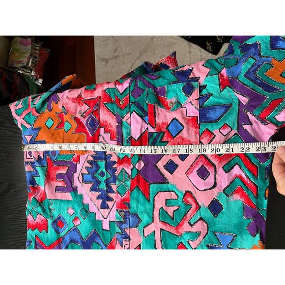 Vintage 90s Wrangler Cowboy Cut Vibrant Aztec Print Button Down Shirt - Picture 2 of 6